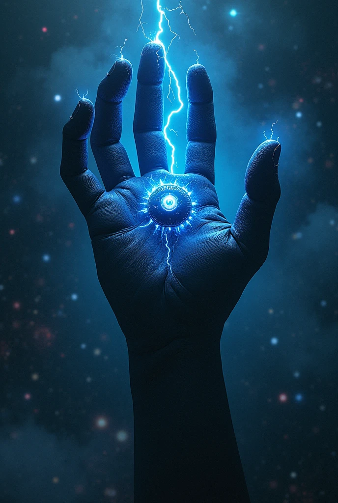 Lovecraftian-style hand-shaped space monster. It should not have an arm or wrist. It is giant and floats through space. It is black and blue electricity runs through it. It has a large eye in the palm, The color blue. The fingers are long and twisted, looking up.