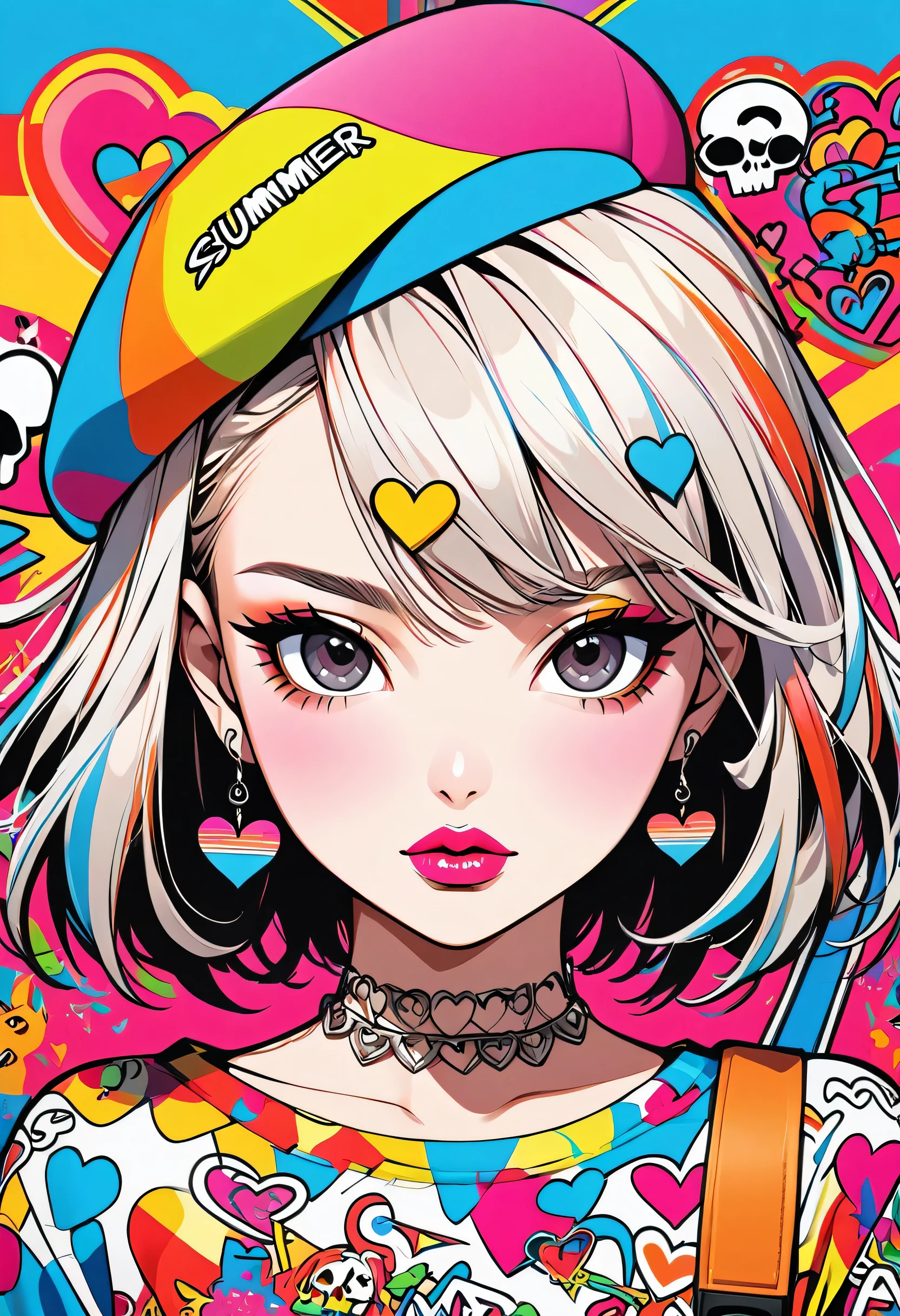 Ultra-realism Keith Haring colorful style, Simple Line Initialism,Abstract art,(((The most beautiful girl of all time))), Sweet face. Lips in love, colorful hearts, stylish design, Summer Skull fashion, Dark Eyes, Graffiti on the wal