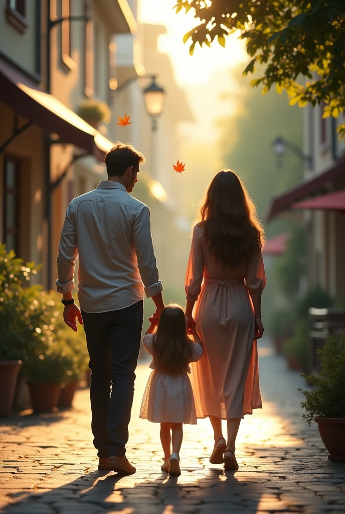 A couple with a long-haired daughter walking down a street with their backs to the camera.