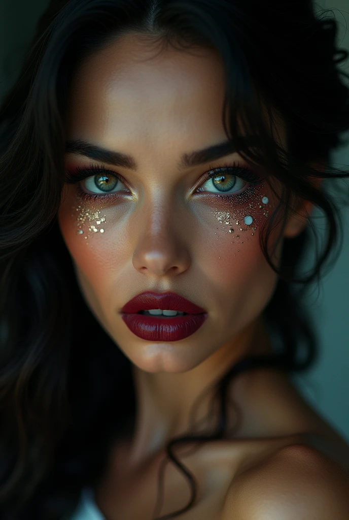 Latina woman with makeup, siren eyes with sparkles and red-wine lips