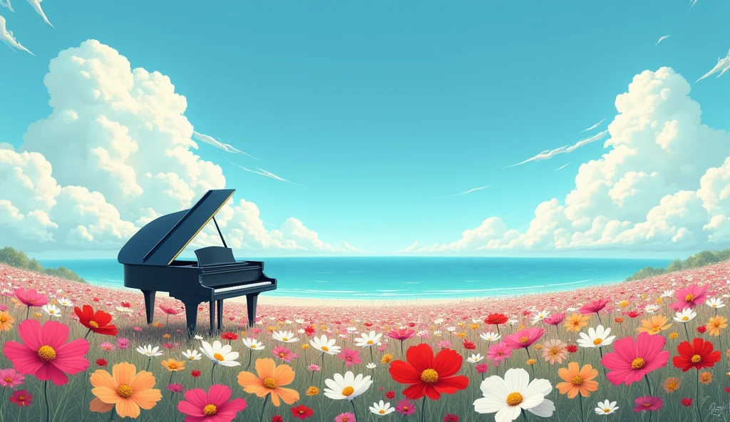 「Under the blue sky、グランドpianoが置かれたFlower Field、黒いグランドpiano、White fluffy clouds、Fantastic landscape」 「グランドpiano、Mysterious atmosphere、Digital Art」 「piano、Flower Field、Fantastic landscape、Silence、Lonely」Flowers swaying in the wind、Cosmos in a variety of colors, including red, white, pink, and yellow、You can see the ocean