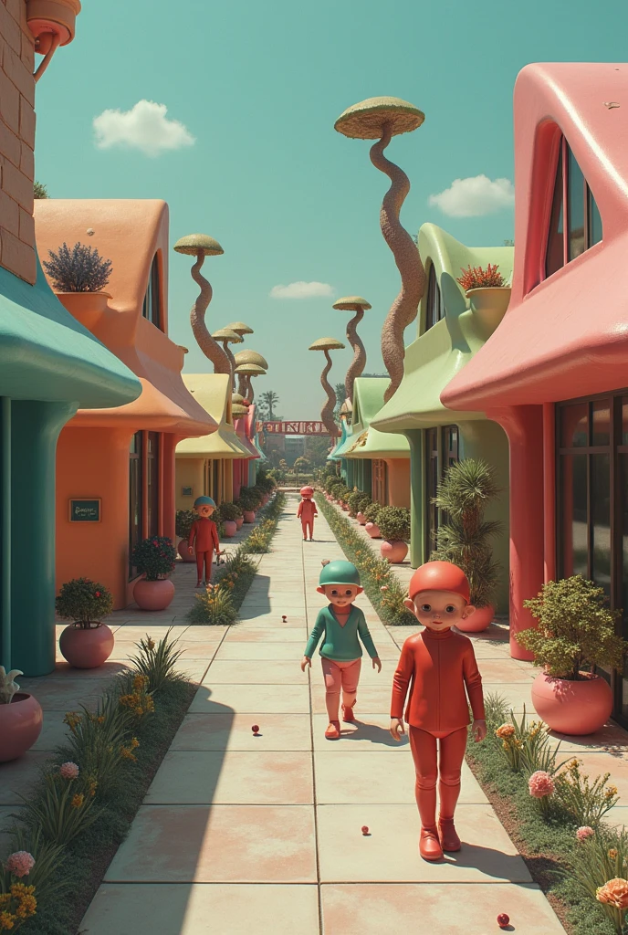 a town with weird looking human like creatures, 1960s style, dark glossy pastel color, toy aesthetics, surreal atmosphere, raw photo, aerial shot