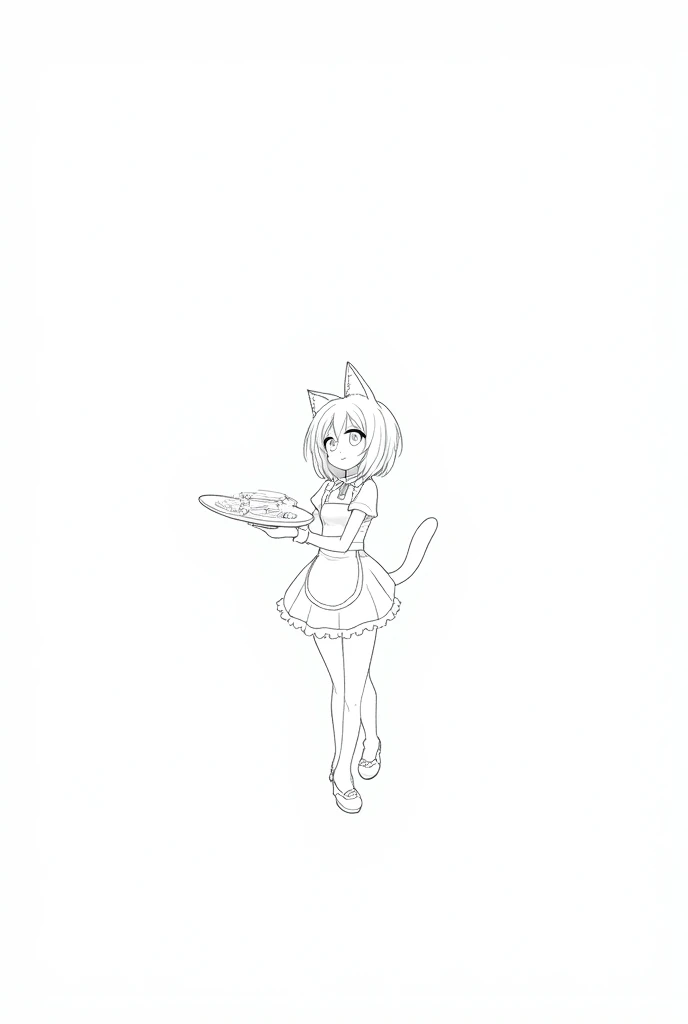 Jacques prevert black and white illustration art, illustration of a beautiful girl, cat ears, cat tail, tray in hand, maid suit, line draw, white simple background, --ar 2:3 --stylize 50