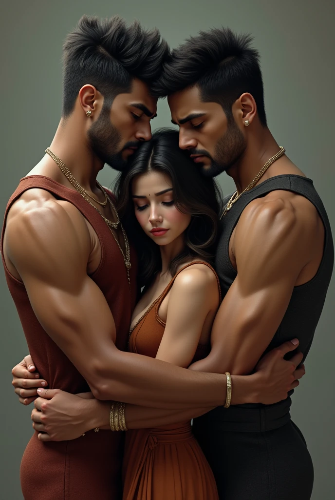 Two indian handsome men wearing sexy vest and one Indian cute woman hugging, but sad
