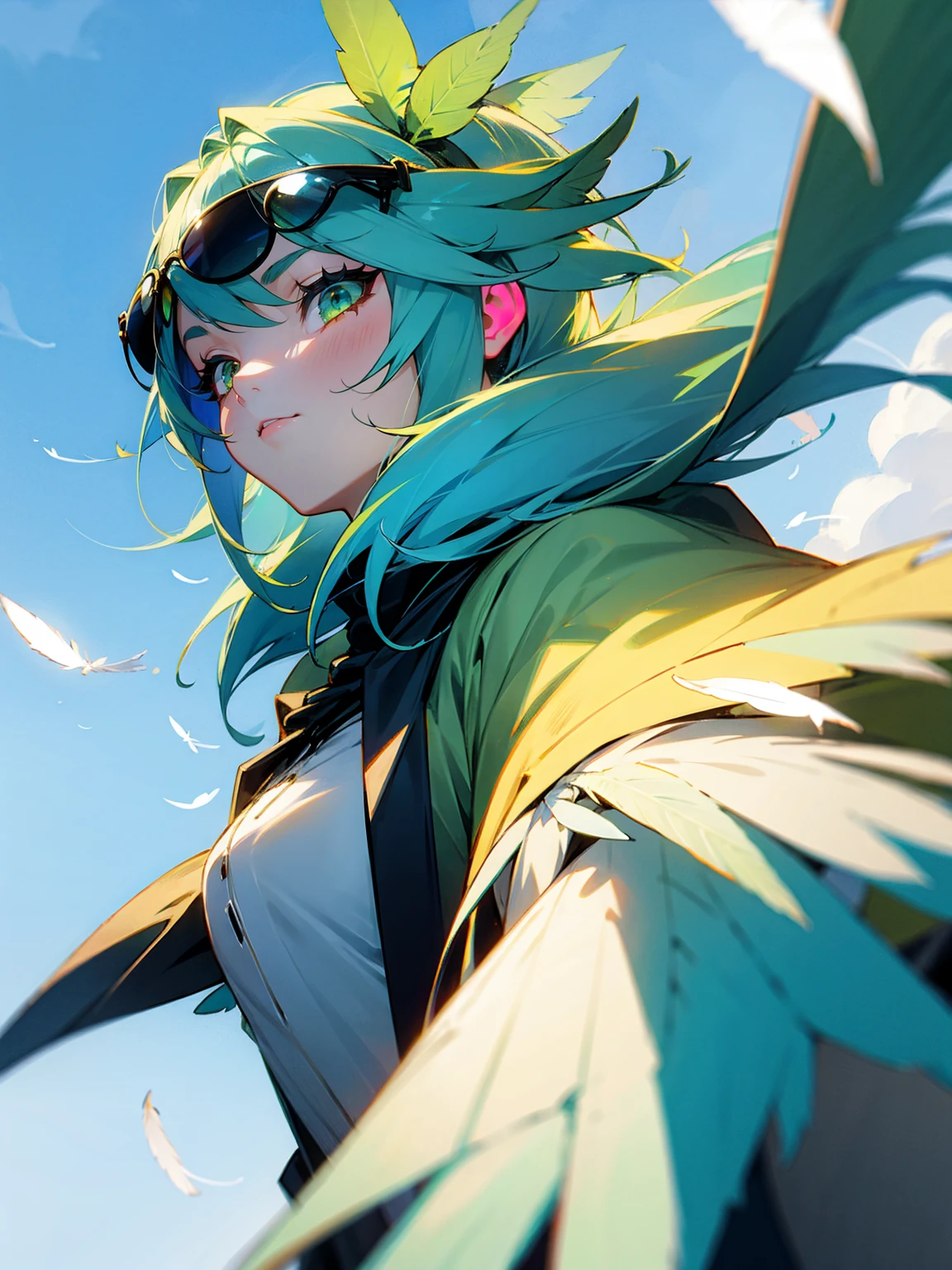 1female, bird beak, green eyes, feather coat, sunglasses, sky blue hair
