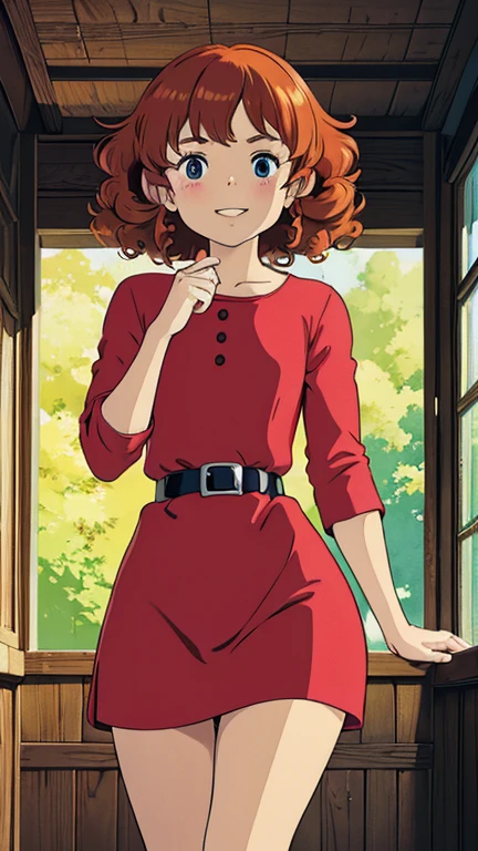 (1girl, solo, highly insanely detailed, masterpiece, top quality, best quality, highres, 4k, 8k, RAW photo),((innocent look)),((Childish)),From the front, symmetrical composition,smile,cute,Innocent,Kind eyes,Flat chest, ghibli style, office, interior, (curly hair, way hair, head out of frame, red dress, belt, (short dress, miniskirt:1.15) 