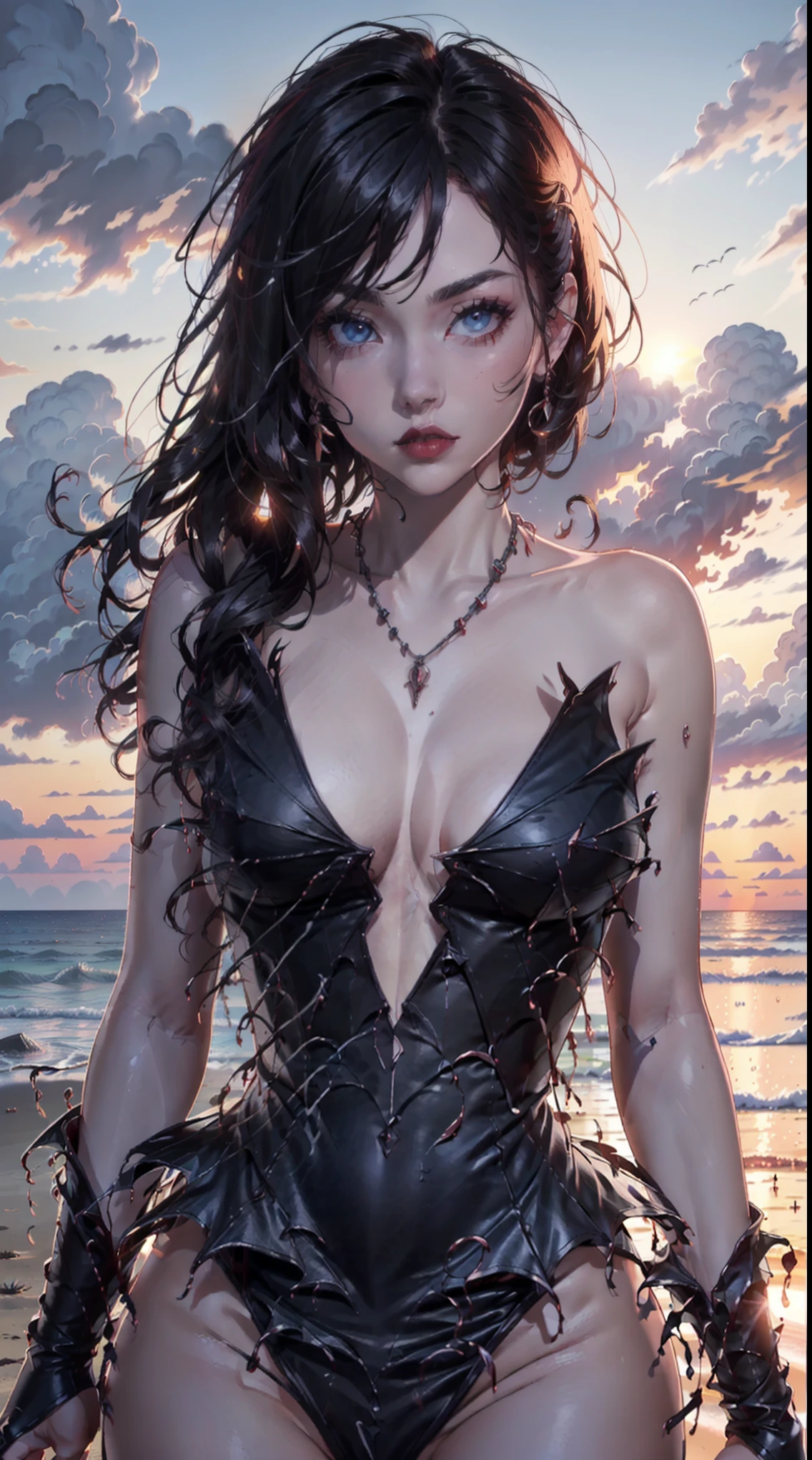 ((work of art)),(best qualityer),((ultra detali)), ((beautiful detailed sky)), ((cinematic lighting)), Depth of field, (dynamic angle),Detailed lighting,(beautiful detailed eyes), ((sunset view on the beach)),red lip, ombre,((large breasted)), (microbiquini), ((sexly)), neckleace, へそ, (barbaradef, barbaric duck)