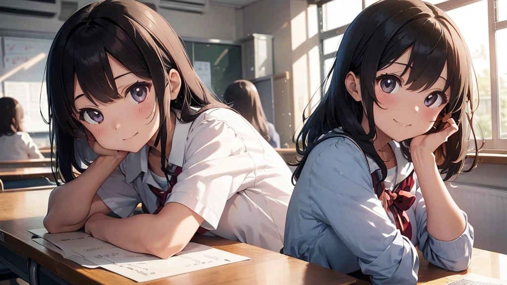 An anime-style scene set in a quiet classroom after school. A cheerful girl with shoulder-length light brown hair sits at a piano, positioned near the front of the classroom. She’s wearing a school uniform, consisting of a white blouse and a plaid skirt, with her sleeves slightly rolled up. The warm afternoon sunlight filters through the windows, casting a golden glow across the room, highlighting the girl as she turns to face the camera. With a bright, friendly smile, she raises one hand to wave at the viewer, creating a welcoming and heartwarming atmosphere. The classroom is tidy, with desks neatly arranged and a chalkboard in the background with some remnants of earlier lessons. The overall mood is one of happiness and connection, as the girl’s gesture invites the viewer into her world.

