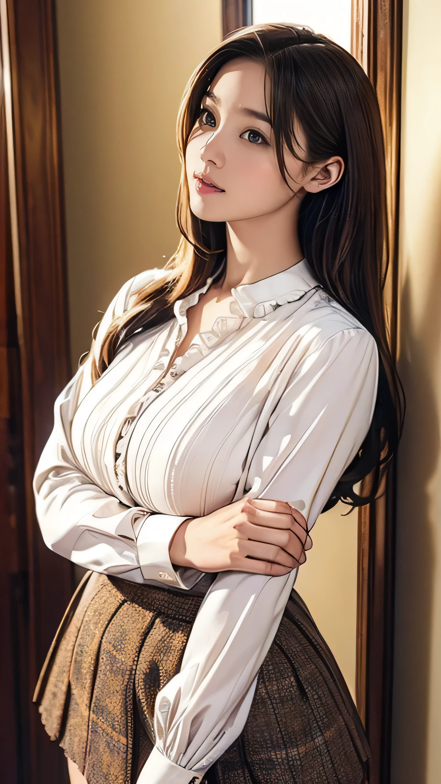 (masterpiece:1.2, Highest quality), (Realistic, photoRealistic:1.4), Beautiful illustrations, (Natural Side Lighting, Cinema Lighting), Beautiful thighs, Front view, 1 person, 26 years old, Perfect Face, Symmetrical cute face, Glowing Skin, Big eyes, long eyelashes chest), thin, expensive、 Beautiful Hair, Beautiful Face, Beautiful and beautiful eyes, Beautiful clavicle, Beautiful body, Beautiful breasts, Beautiful thighs, Beautiful feet, Beautiful fingers, ((High quality fabric, Brown button-up blouse、Vertical frills、Long sleeve、Big ribbon、Brown mini tweed skirt)), (Beautiful views),Are standing, (smile, wonderful, Open your mouth),((Long brown hair、Loosely curled inward hair、Long hair that reaches down to the waist：1.4))、Hands folded above head、Pouting