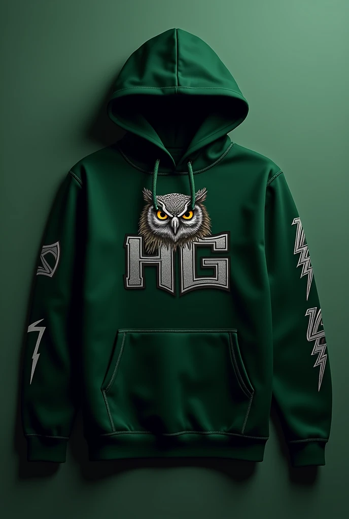 I want a dark green sweatshirt with a bold logo featuring the letters HG and a small fierce owl.
One lightning bolt design on an arm.
And I just want one sweatshirt.