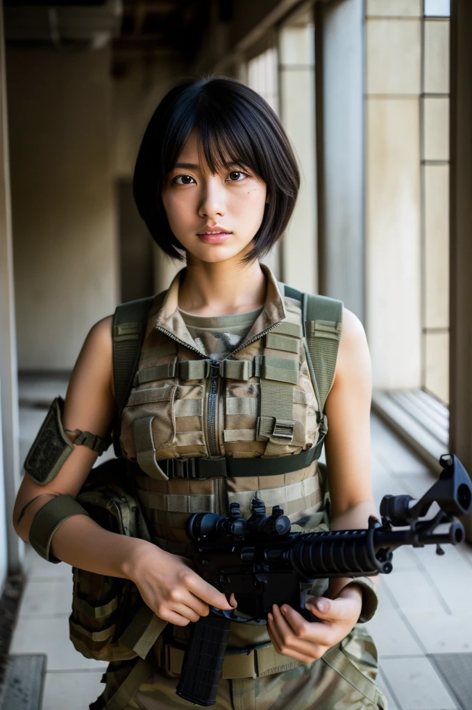 (masterpiece, ultra-detailed, ultra-realistic, best quality, clear focus, photorealistic), (ultra-high resolution, 8k:1.3), cinematic color-grading film, dramatic scenes, shadow, global-illumination, perfect anatomy, perfect face, (detailed face, detailed eye:1.3), (20 years old Japanese beautiful anime style girl:1.2), (experienced soldier:1.2), professional light, (very cute but boyish cool Japanese face:1.3), (Fully equipped for battle:1.3), (holding m4a1 large assault rifle:1.4), (painful expressions after being injured by a gunshot:1.4), (afraid:1.4), (crying:1.4), (wearing a soldier's outfits with damages:1.2), slim waist, (sitting in the abandoned building at night:1.3), military helmet, very large breasts, tactical vest, military harness, face focus,