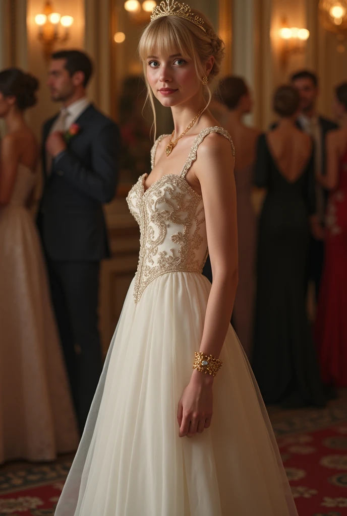 looking at viewer, English female, Age: 20 age-old, (blond hair , chignon , fringe, blue eye, little smile), (C cup breasts, slender whist, wide hip), (White Princess dress, evening  long dress:1.3), HI heals, gold ring earring, gold neckless, bracelet,  gorgeous tiara , standing on floor, evening dinner Party  , night, UHD, accurate, anatomically correct, textured skin, super detail, high details, high quality, best quality,  Crew neck dress、Dress with shoulder decoration、elbow lace glove