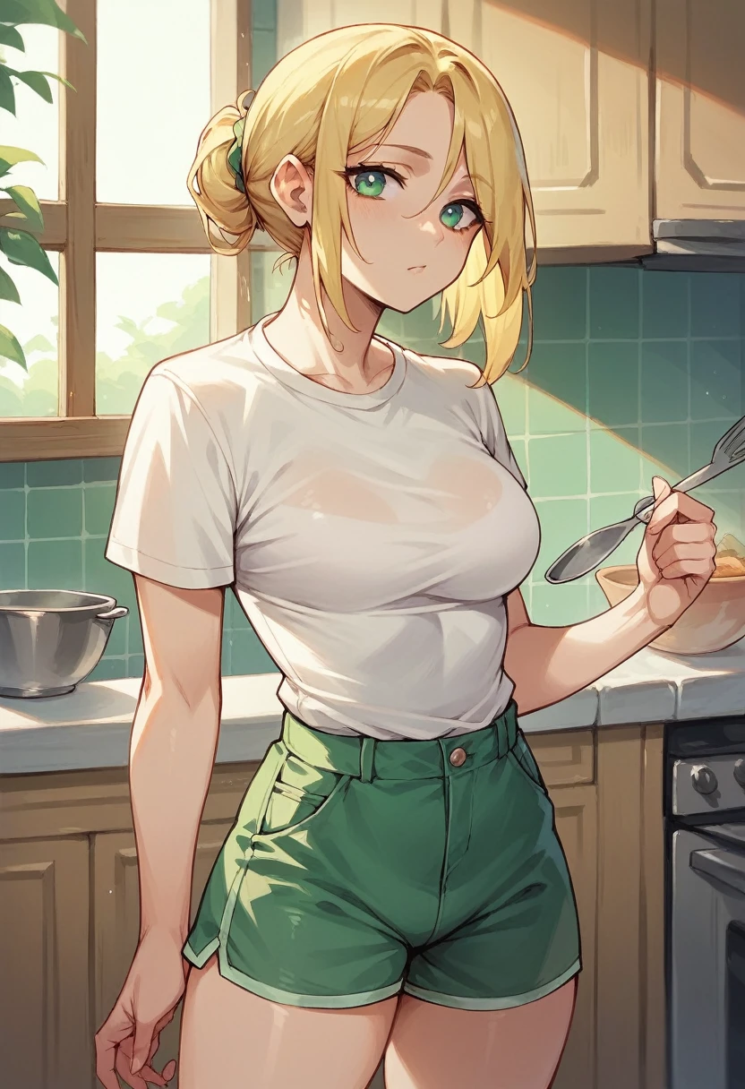 1 girl, tight white shirt, black booty shorts, blonde hair, white skin, greenish blueish eyes, standing, in kitchen 