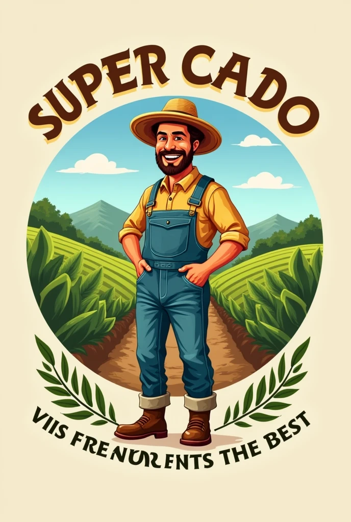 A logo for a supermarket called “Supermercado Rural” and below the slogan “visit here and find the best” in Spanish please and place a farmer 
