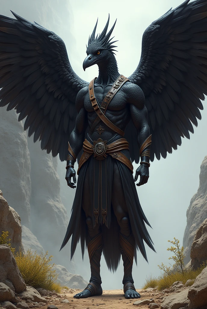 A strong Aarakocra ranger, all black., WITH TWO BIG WINGS AND LEATHER CLOTHES SHOWING THE WHOLE BODY
