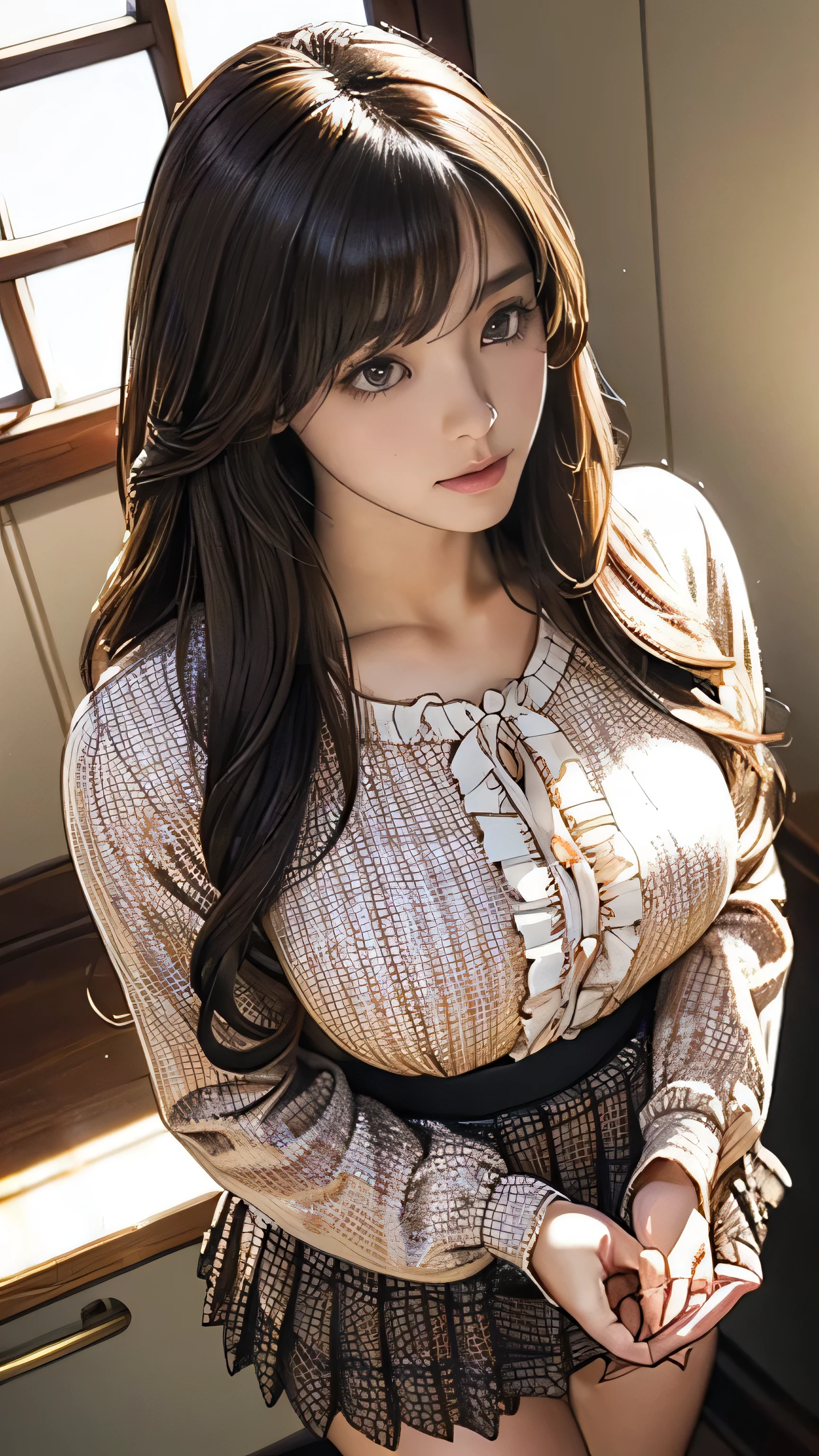 (masterpiece:1.2, Highest quality), (Realistic, photoRealistic:1.4), Beautiful illustrations, (Natural Side Lighting, Cinema Lighting), Beautiful thighs, Front view, 1 person, 26 years old, Perfect Face, Symmetrical cute face, Glowing Skin, Big eyes, long eyelashes chest), thin, expensive、 Beautiful Hair, Beautiful Face, Beautiful and beautiful eyes, Beautiful clavicle, Beautiful body, Beautiful breasts, Beautiful thighs, Beautiful feet, Beautiful fingers, ((High quality fabric, Brown button-up blouse、Vertical frills、Long sleeve、Big ribbon、Brown mini tweed skirt)), (Beautiful views),Are standing, (smile, wonderful, Open your mouth),((Long brown hair、Loosely curled inward hair、Long hair that reaches down to the waist:1.4))、Hands folded above head、Pouting、Shooting from above、You are standing gracefully.、The whole body is in the frame