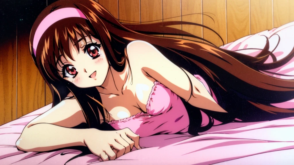 Yuuki Mizuho, One person, alone, Long Hair, hair band, Brown Hair, Red eyes, Open your mouth, blush, Lips parted, liar, On the bed, Cute Smile　Open your mouth　Lying on a pink bed, From above, retro artstyle, No underwear, barefoot, Lack of shoes, No skirt, 1990s (style), expensive quality, very_expensive_solve, big_file size, Full Color,(Accurate fingertips, Browse 4, Thumb 1)