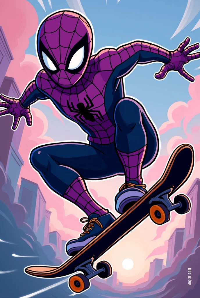 cartoon drawing of purple spiderman with skateboard 