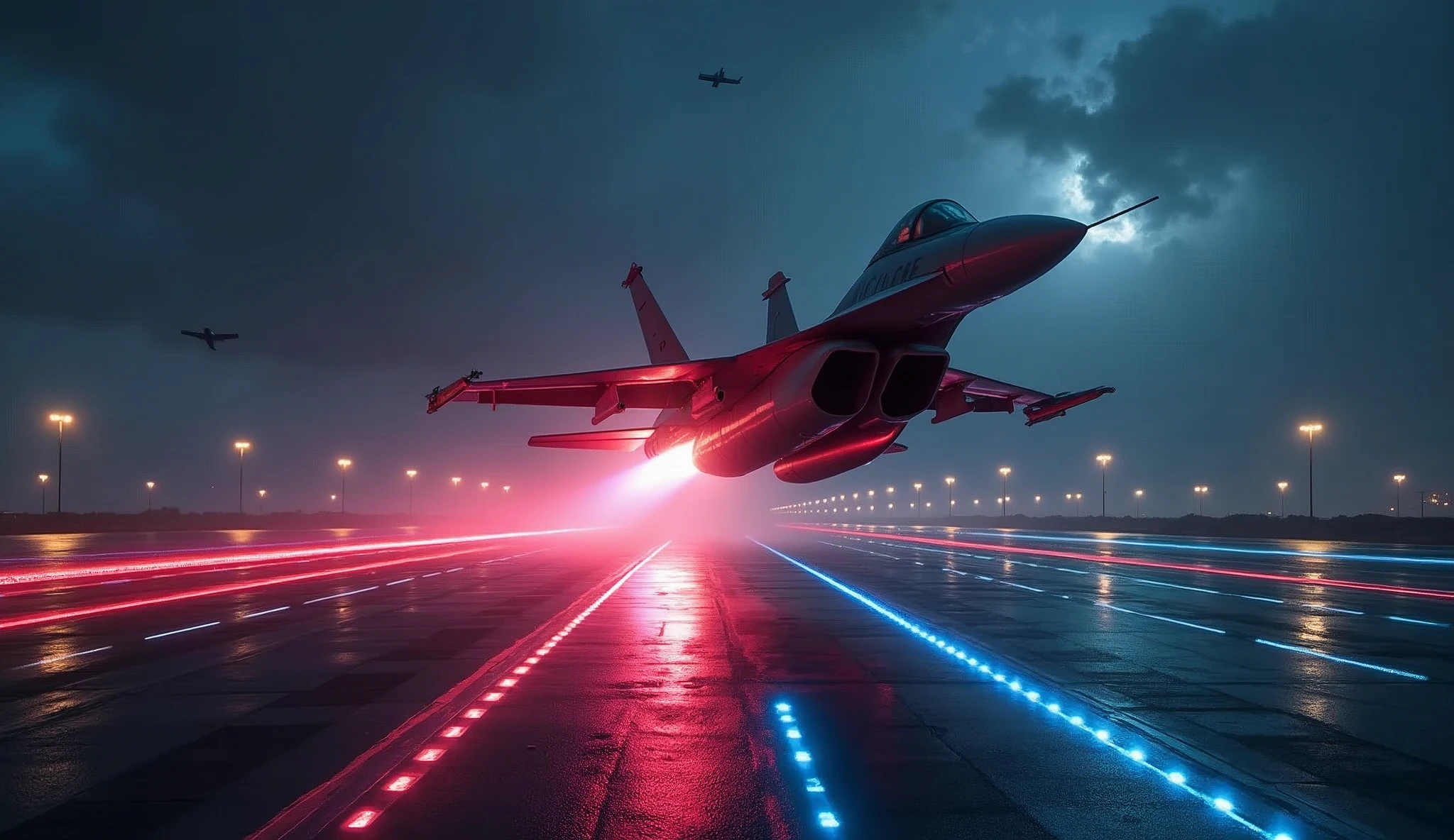 (masterpiece:1.2,Highest quality,Ultra-high resolution,Very detailed,Realistic,DSLR Canon style),8k,wallpaper,(Ray Tracing),Future fighters taking off from the runway,Dynamic Angles),night,(rainbow-colored laser guide lights:2.0,The laser guide lights are drawn as dotted lines:2.0),(the background is the catapult of a future aircraft carrier:2.0)