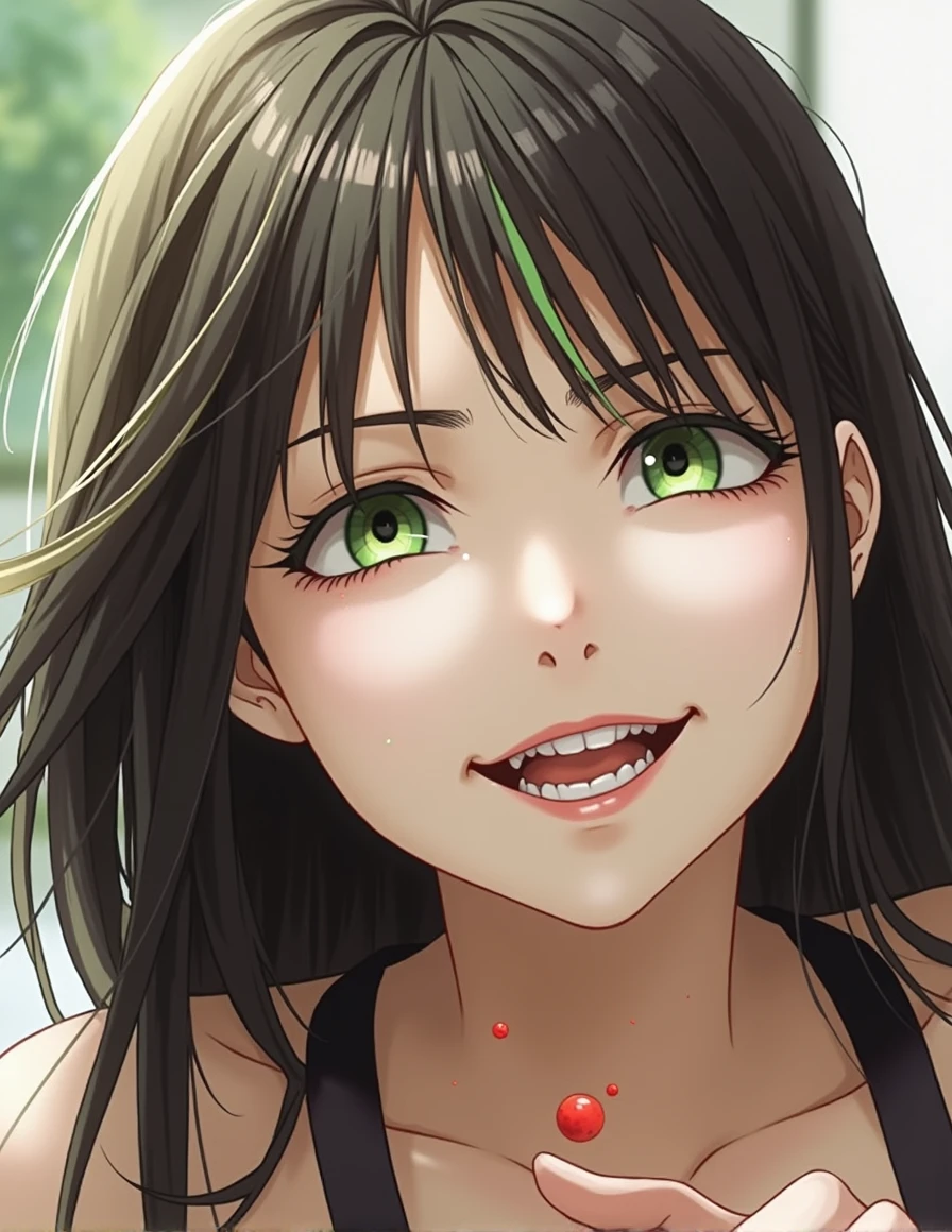 Girl with straight black hair neither long nor short with green streaks, green eyes,REALISTIC 4K, small breasts, black top, black miniskirt, sticky, tacco alto nero che ride sadisticmente, petty, bulla, he has a whip in his hand,sadistic,REALISTIC 4K,slightly plump lips, On his knees there is a boy with his hands clasped begging for mercy, cries and screams in pain, he is tied to a bed while the girl is standing on the bed,REALISTIC 4K, you can see it all in the picture, you can see the bed, the boy and the very beautiful seductive girl