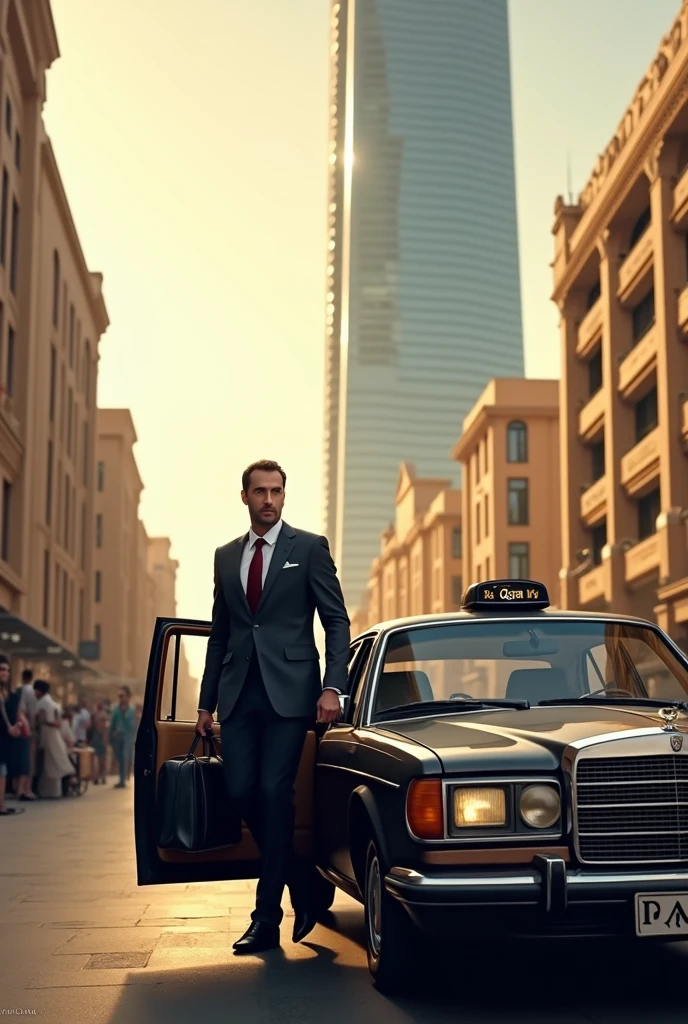 Have a guy getting out of a taxi in Qatar in front of a building