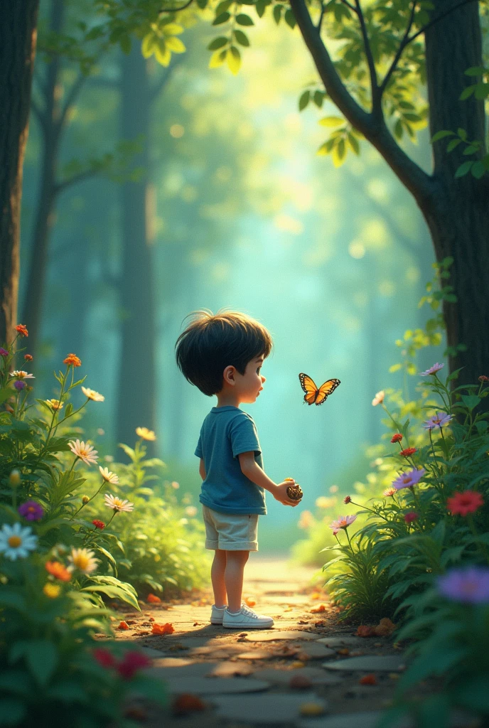 a boy with black hair, black eyes, wearing a blue shirt and white shorts and white sneakers with a toy in his hand, whole forest shining again and the butterfly thanking the boy