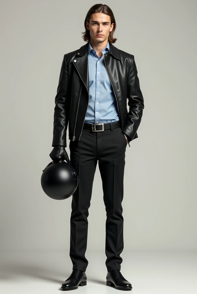 University male student so handsome with face clean shaved against the grain and long hair, holds black helmet and wears black formal shoes, black business pants, black leather belt with silver square automatic buckle and light blue formal shirt and his jacket is a biker zipped jacket that he has zips it and wears biker gloves.