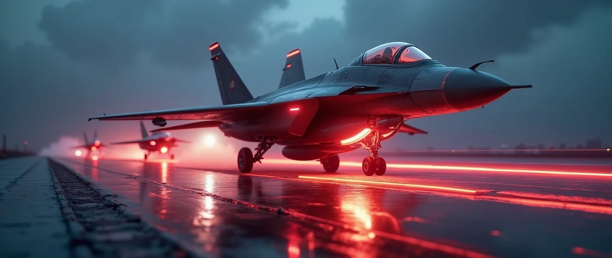 (masterpiece:1.2,Highest quality,Ultra-high resolution,Very detailed,Realistic,DSLR Canon style),8k,wallpaper,(Ray Tracing),Future fighters taking off from the runway,Dynamic Angles),ht,(rainbow-colored laser guide lights:2.0,The laser guide lights are drawn as dotted lines:2.0),(the background is the catapult of a future aircraft carrier:2.0)