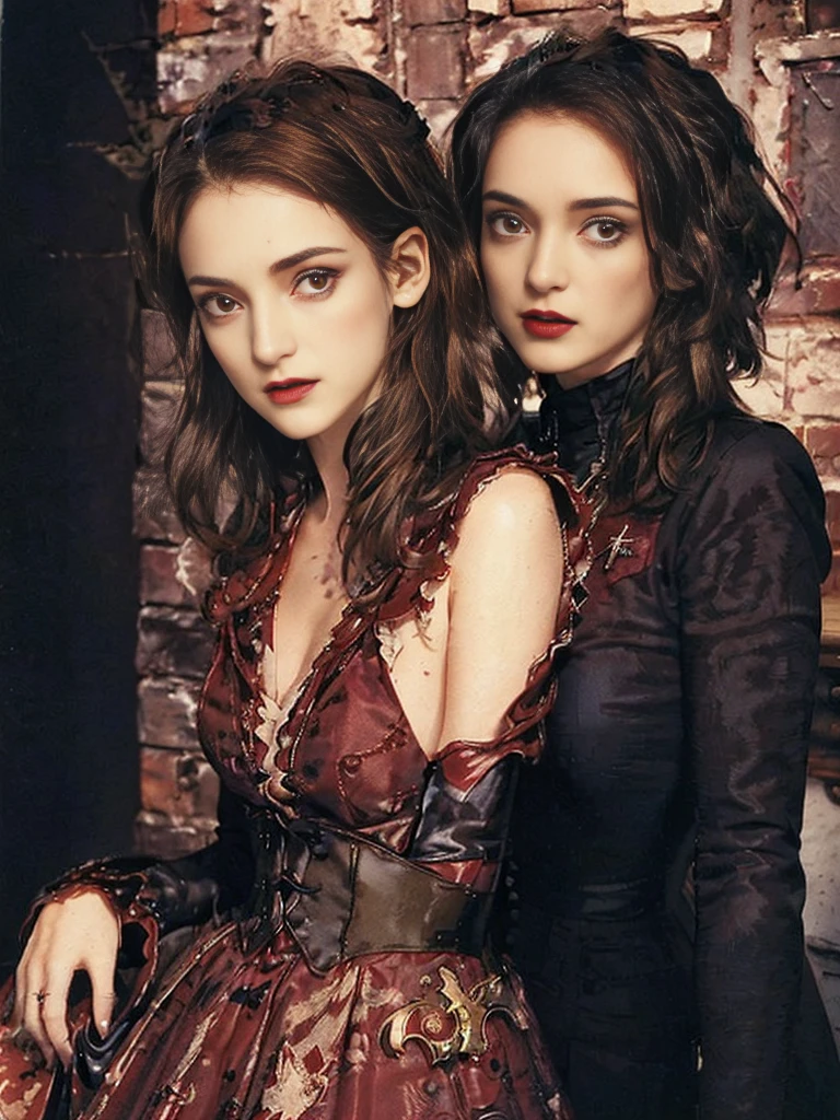 (masterpiece、top-quality、top-quality、Detailed and complex、official art、aesthetically pleasing:1.3)、(1 brown victorian volumen haired female vampire with fangs in:1.3)、(Winona Rider look) (revealing fangs) (realistic art:1.3)、red velvet gown, gold and black ornaments, gothic castle background. Moon and stars background