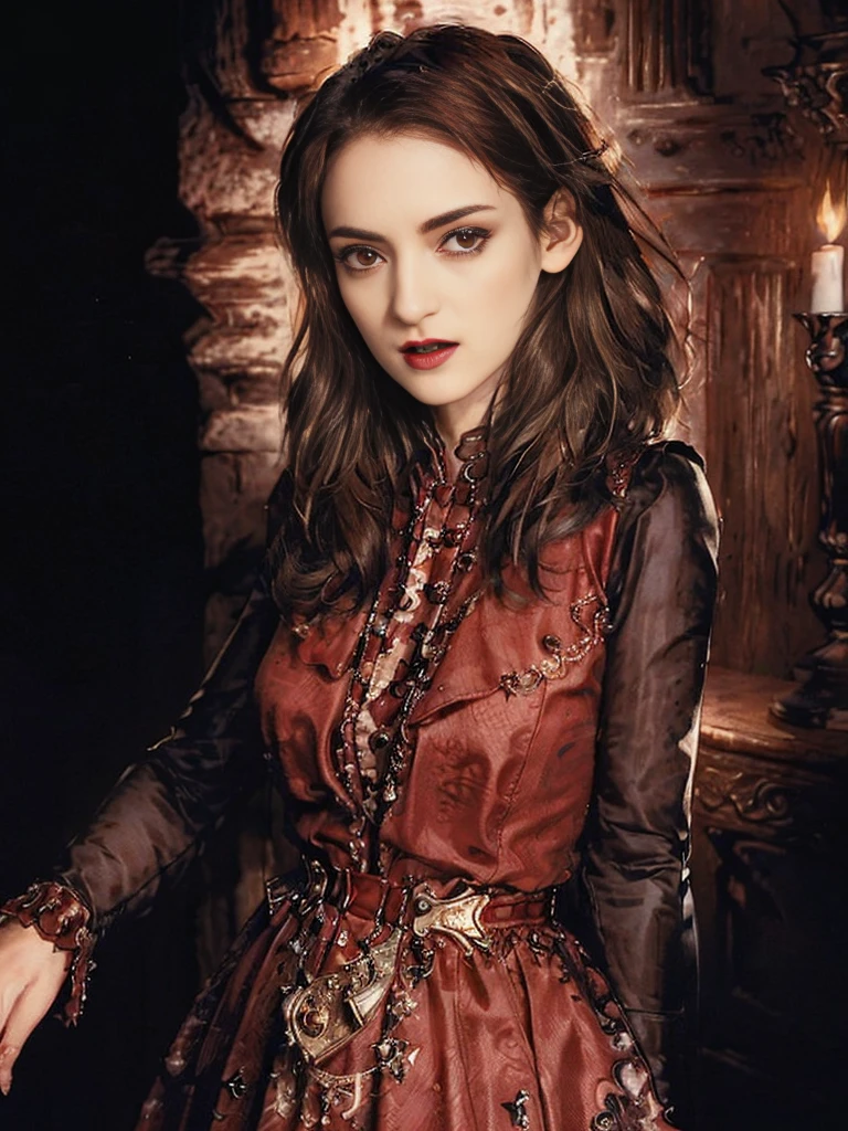 (masterpiece、top-quality、top-quality、Detailed and complex、official art、aesthetically pleasing:1.3)、(1 brown victorian volumen haired female vampire with fangs in:1.3)、(Winona Rider look) (revealing fangs) (realistic art:1.3)、red velvet gown, gold and black ornaments, gothic castle background. Moon and stars background