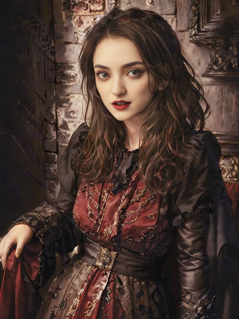 (masterpiece、top-quality、top-quality、Detailed and complex、official art、aesthetically pleasing:1.3)、(1 brown victorian volumen haired female vampire with fangs in:1.3)、(Winona Rider look) (revealing fangs) (realistic art:1.3)、red velvet gown, gold and black ornaments, gothic castle background. Moon and stars background