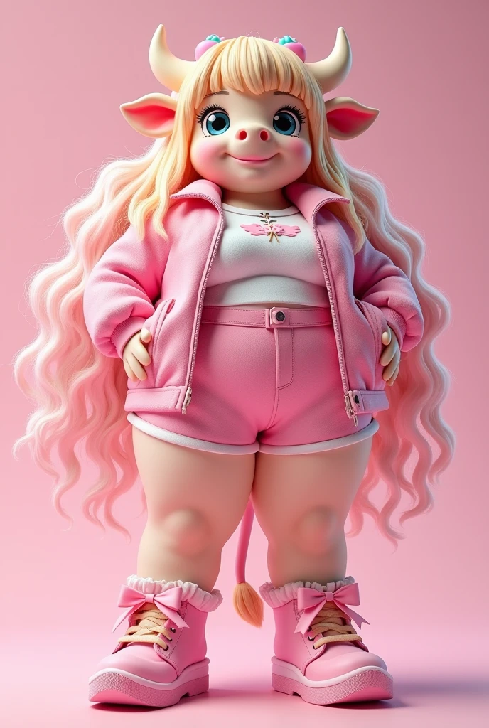 Plus size curvy cow with blonde and pink long hair and kawaii pink gamer outfit 