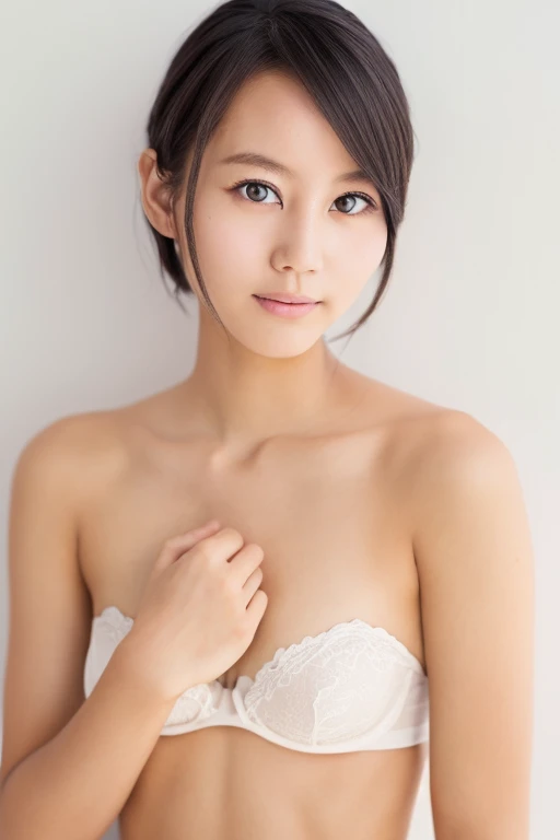 lens: 135mm f1.8,(Highest quality), (Beautiful 14 year old Japanese girl),  (Moisturized lips), Narrow eyes, double eyelid,Delicate clavicle,Flat Chest,Very short hair,
 (Let me me me me me me&#39;Let me me me me me&#39;Let me me me me&#39;Let me me me&#39;Let me me&#39;Let me&#39;Let&#39;s take another look),  shame, A faint smile,
(In front of a white wall:1.2), Professional Lighting, 
(Japanese 、Completely naked), (Sunburned skin:0.2),Full body photo、Full Body Focus、Sexy Lingerie