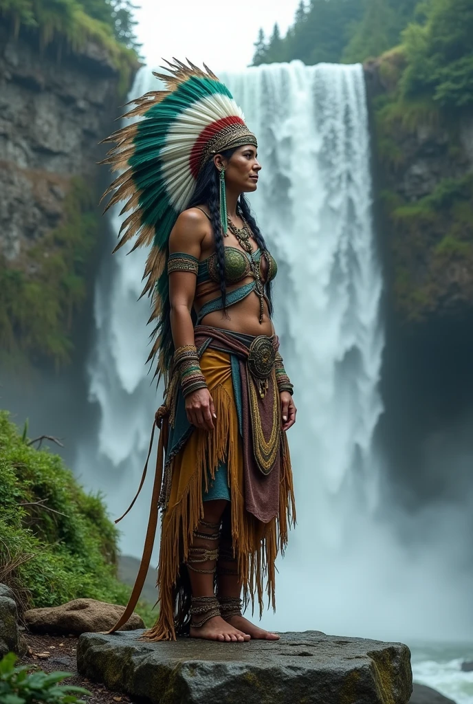 American Indian woman, He wears traditional indigenous clothing, sweating a headdress with green and blue feathers, on the edge of a waterfall 