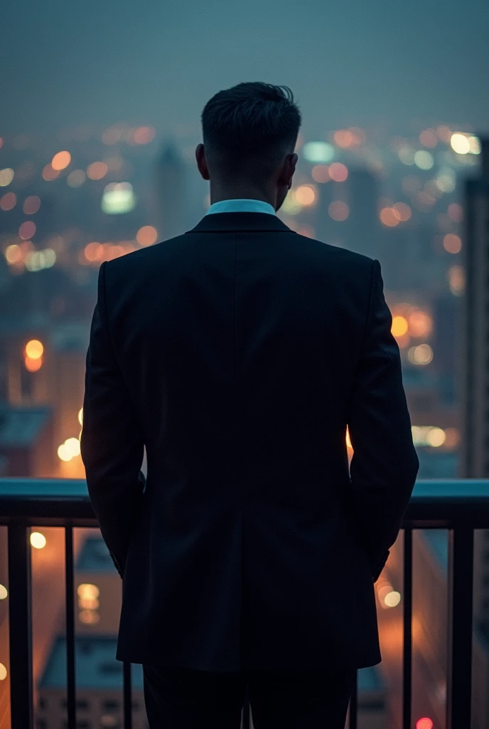 A vertical image with an analog film style, concept art depicting a mysterious, dark figure in a luxurious suit, standing on a high-rise building balcony overlooking a sprawling city at night. The figure’s face is partially obscured by shadows, with only a faint, sinister smile visible. The city lights below are blurred and distorted, symbolizing the manipulation of reality. The atmosphere is tense and ominous, with a color palette of deep blues, purples, and contrasting golds. The image should evoke a sense of intrigue and suspicion, making viewers question the true intentions of the figure. The overall composition should be dramatic, like it was created by a professional editor with 40 years of experience, ensuring it stands out and captures attention like no other image ever seen.