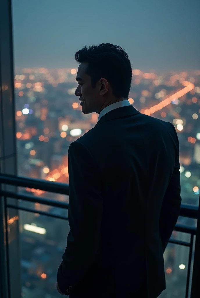 A vertical image with an analog film style, concept art depicting a mysterious, dark figure in a luxurious suit, standing on a high-rise building balcony overlooking a sprawling city at night. The figure’s face is partially obscured by shadows, with only a faint, sinister smile visible. The city lights below are blurred and distorted, symbolizing the manipulation of reality. The atmosphere is tense and ominous, with a color palette of deep blues, purples, and contrasting golds. The image should evoke a sense of intrigue and suspicion, making viewers question the true intentions of the figure. The overall composition should be dramatic, like it was created by a professional editor with 40 years of experience, ensuring it stands out and captures attention like no other image ever seen.