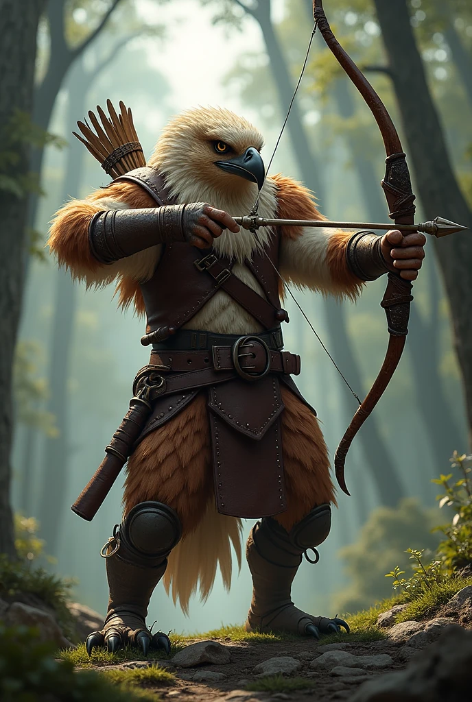 A Black Aarakocra, ranger, wearing leather armor using his bow and arrow to hunt, WITH A HAWK&#39;S FACE, showing the whole body, looking fierce