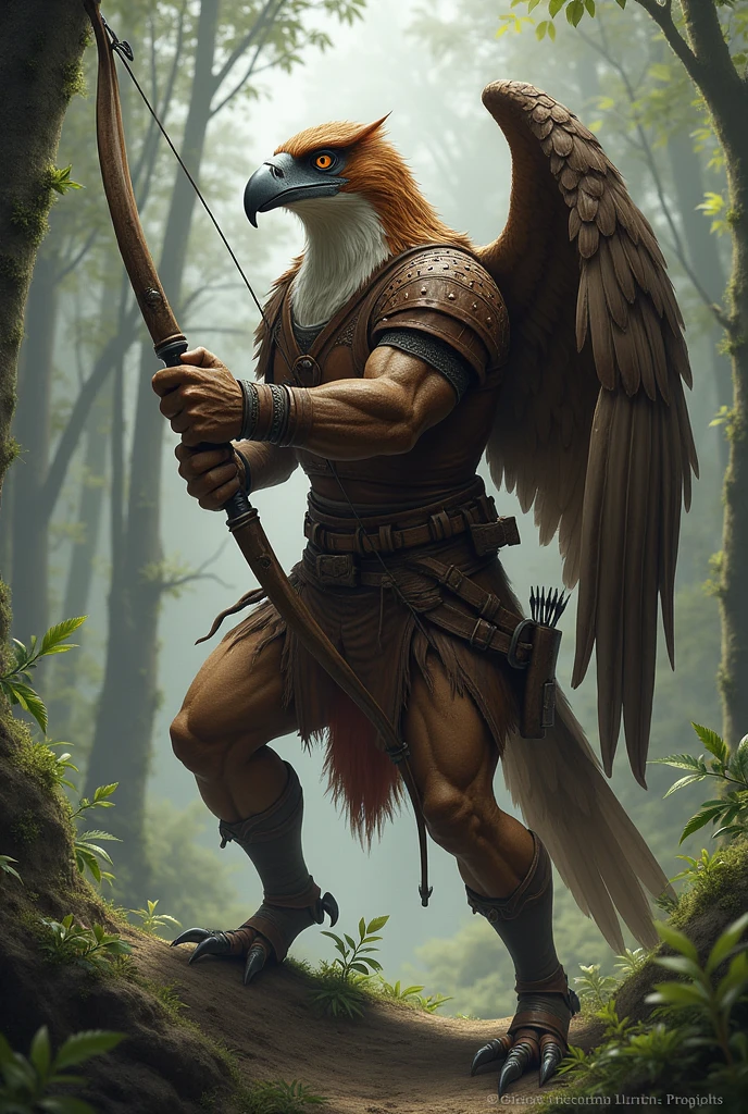 A Black Aarakocra, ranger, wearing leather armor using his bow and arrow to hunt, WITH A HAWK&#39;S FACE, showing the whole body, looking fierce