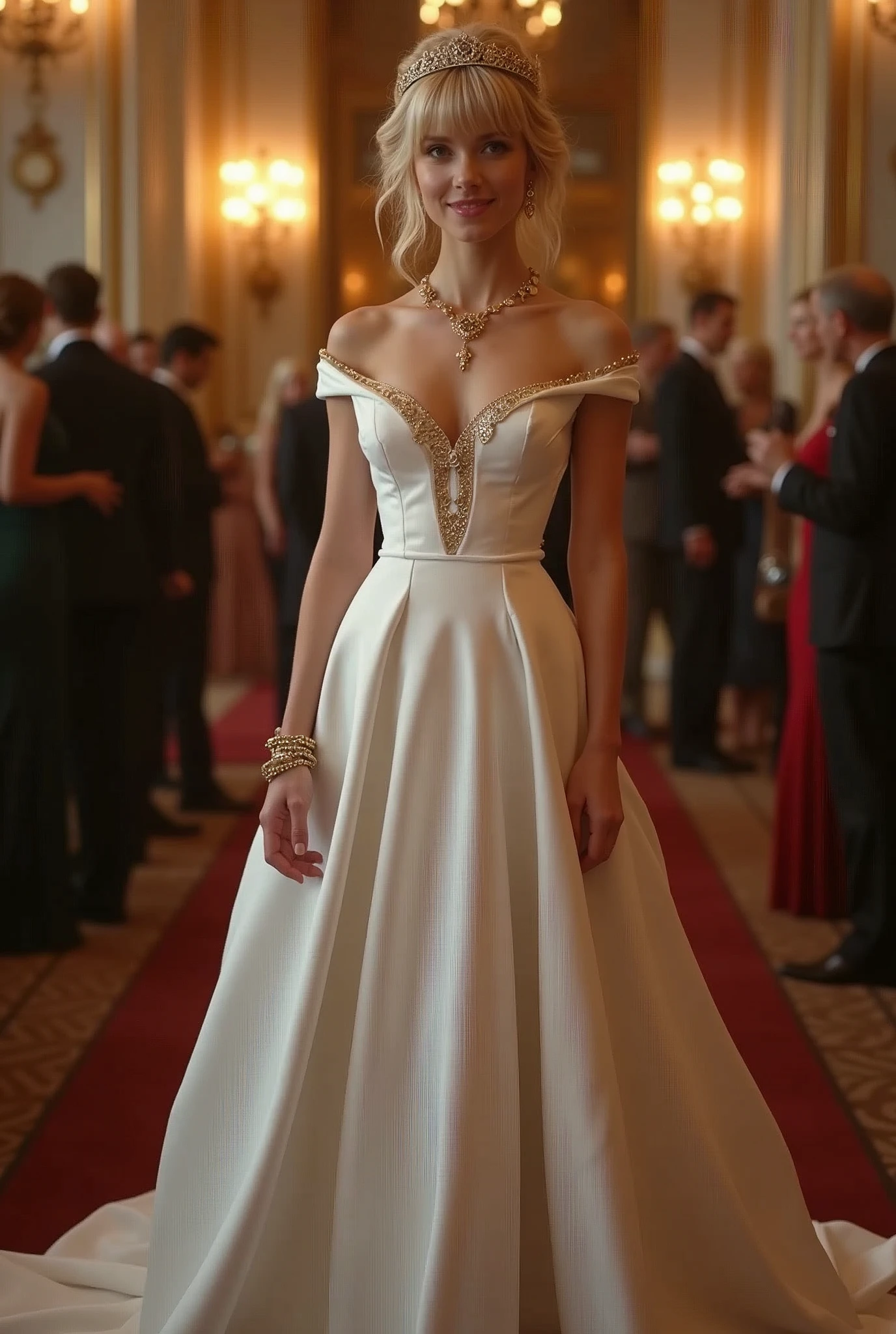 looking at viewer, English female, Age: 20 age-old, (blond hair , chignon , fringe, blue eye, little smile), (C cup breasts, slender whist, wide hip), (White Princess dress, evening long dress:1.3), HI heals, gold ring earring, gold neckless, bracelet, gorgeous tiara , standing on floor, evening dinner Party , night, UHD, accurate, anatomically correct, textured skin, super detail, high details, high quality, best quality, Crew neck dress、Dress with shoulder decoration、elbow lace glove