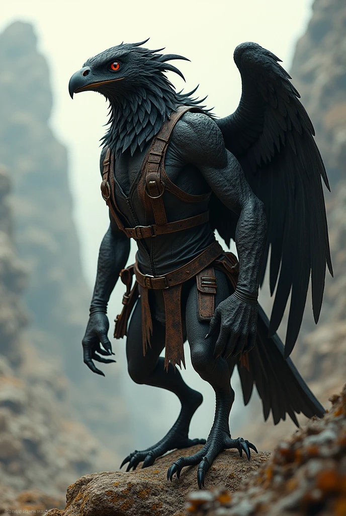 A black-clad Aarakocra archer scout, their leathery clothes revealing their entire body.