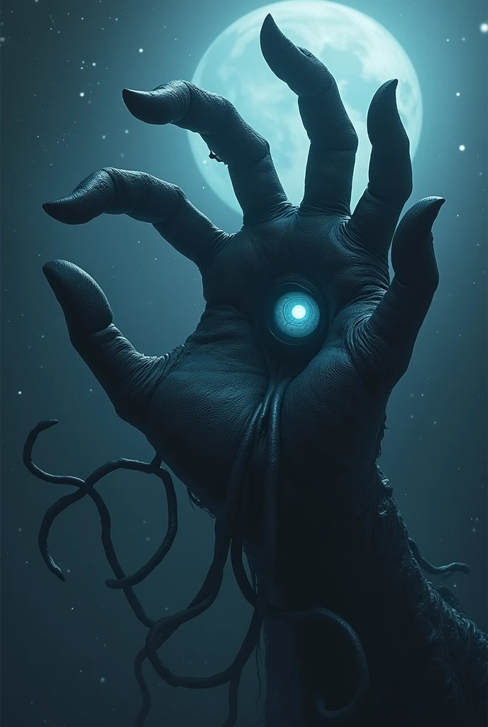 Lovecraftian-style space monster in the form of a severed hand. It is giant and floats through space. It is black.. It has a large eye in the palm, The color blue. The fingers are long and twisted, looking up. 