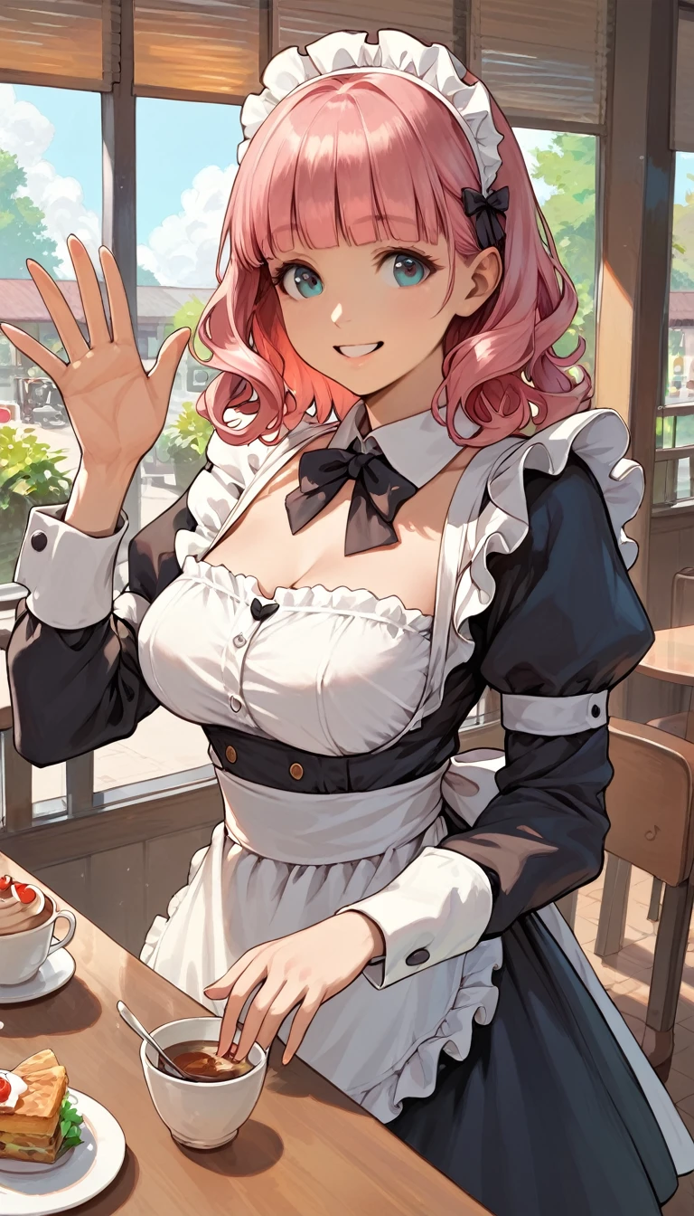 (score_8, score_8_up,masterpiece,highest quality,Perfect Anatomy,Exquisite detailed)(realistic:1.2)1 girl,cute face,curvy,busty(sagging breasts:0.5)pink hair,medium hair,wavy hair,blunt cut,maid uniform,maid headdress,smile,waving,Cafe