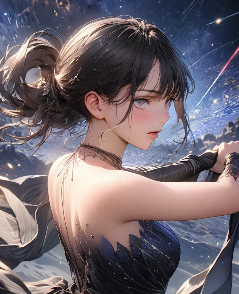 8k,Ephemeral beauty,Very delicate and beautiful,Beautiful and realistic skin,,Long black hair、Tied Hair,Beautiful Eyes,good,Beautiful starry sky、Starry Night、assassin、battle