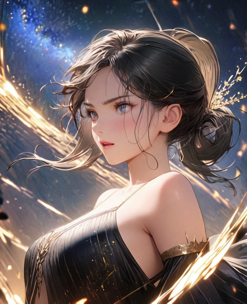8k,Ephemeral beauty，Very delicate and beautiful,Beautiful and realistic skin,,Long black hair、Tied Hair,Beautiful Eyes,good,Beautiful starry sky、Starry Night、assassin、battle
