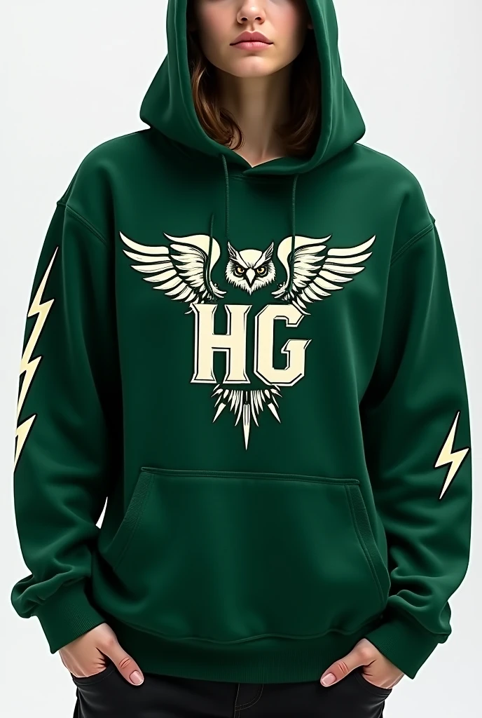 I want a dark green sweatshirt with a striking logo with the letters HG and a small fierce owl that is made like a logo the owl One lightning bolt design on one arm And I just want a sweatshirt