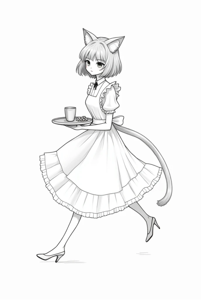 Jacques prevert black and white illustration art, illustration of a beautiful girl, cat ears, cat tail, tray in hand, maid suit, line draw, white simple background, --ar 2:3 --stylize 50