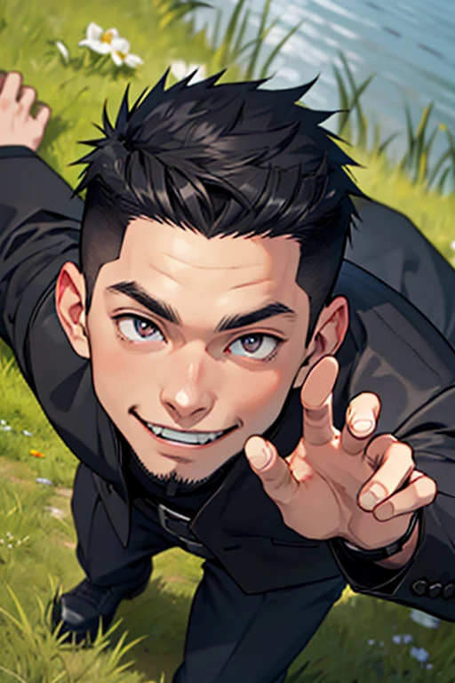 One boy, alone, Iris, Point pupils, Black Hair, short hair, gakuran, Black jacket,Red Shirt、Black Belt, Black trousers, bad、Riverbank、On the grass、Close-up of face smile