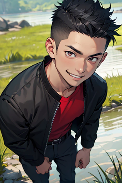One boy, alone, Iris, Point pupils, Black Hair, short hair, gakuran, Black jacket,Red Shirt、Black Belt, Black trousers, bad、Riverbank、On the grass、Close-up of face smile