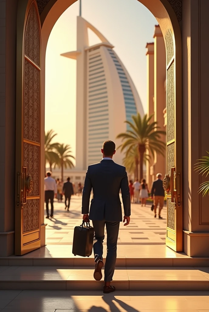 MAKE A GUY ENTERING A HOTEL IN QATAR