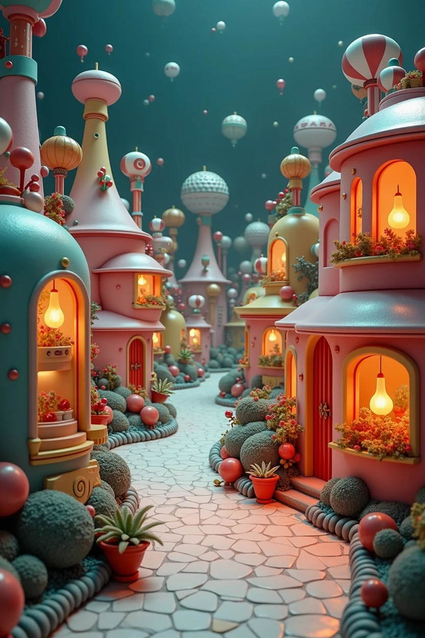 a town, 1960s style, dark glossy pastel color, toy aesthetics, surreal atmosphere, raw photo, aerial shot